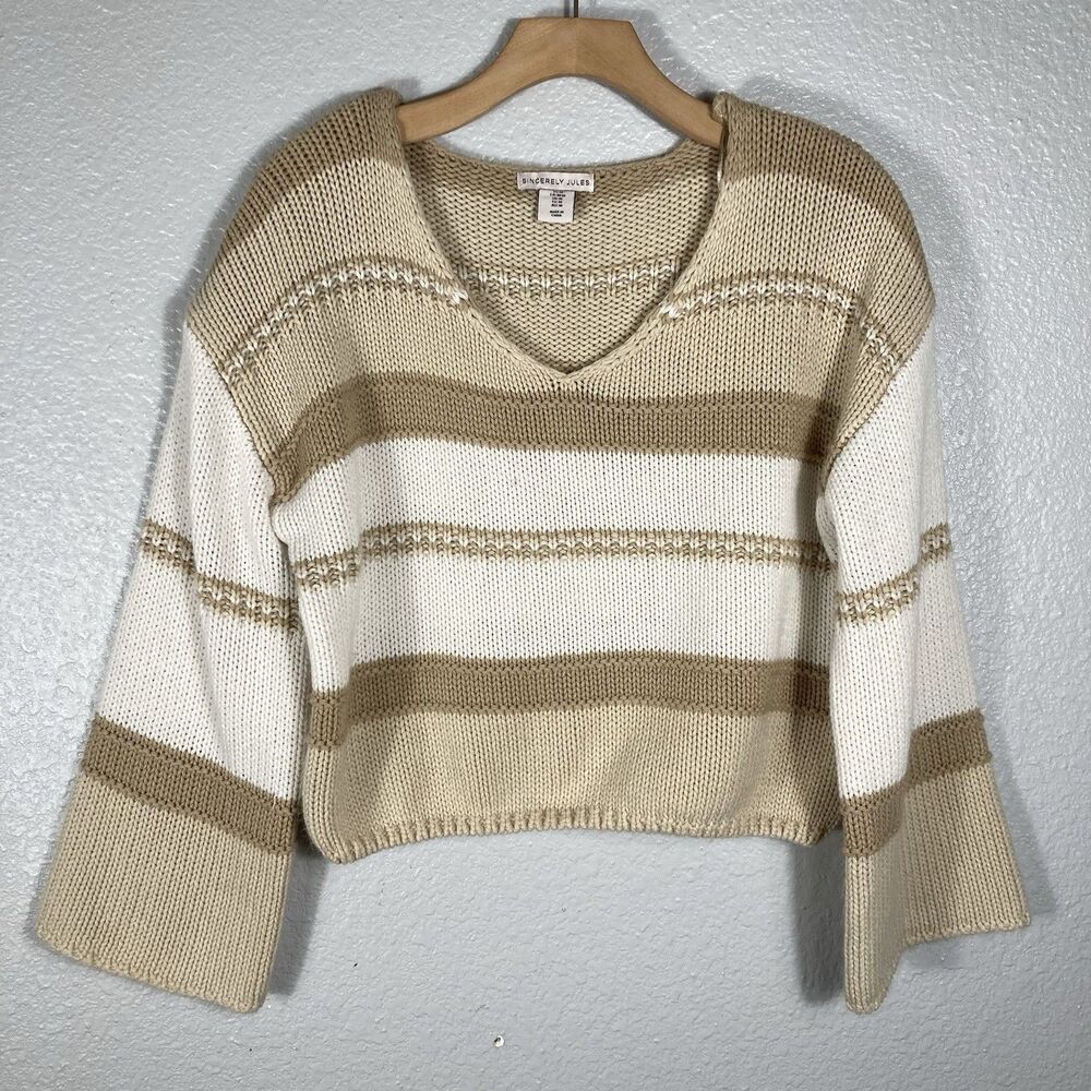 Oversized Boxy Cropped Sweater M Wide Ribbed Tan Cream Soft Cozy